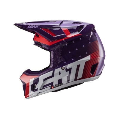 Capacete de motocross roxo, vermelho, branco e preto com padrão de estrelas e a marca LEATT