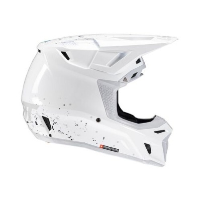 Capacete integral branco com detalhes pretos e padrão de respingos na parte inferior