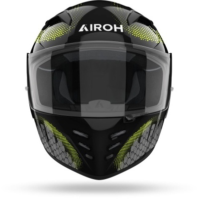 Capacete integral preto com detalhes verdes e cinza e visor transparente