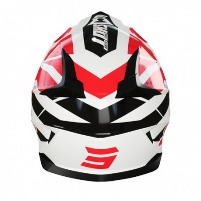Capacete de motociclista com padrão vermelho, preto e branco