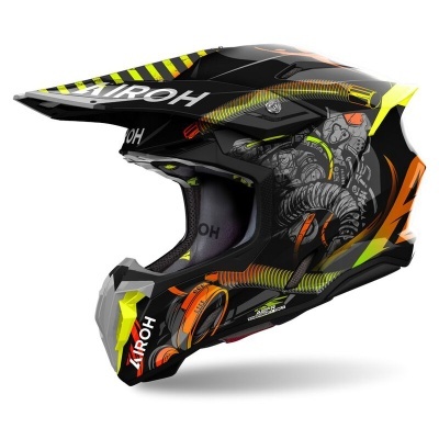 Capacete de motocross preto com detalhes coloridos e texto AIROH