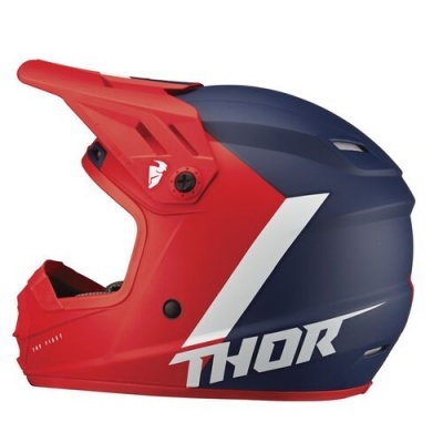 Capacete integral vermelho e azul com texto THOR branco