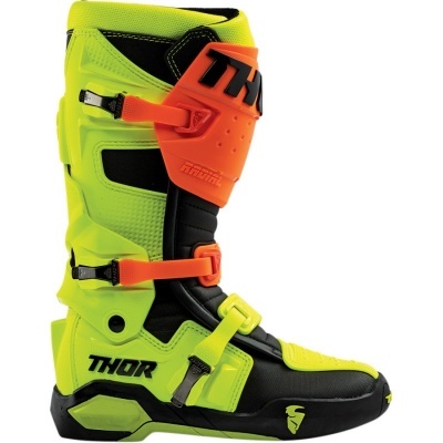 Bota de motocross THOR amarelo fluorescente, laranja e preto com fechos de fivela