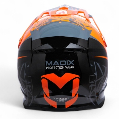 Capacete de proteção preto e laranja com logótipo MADIX