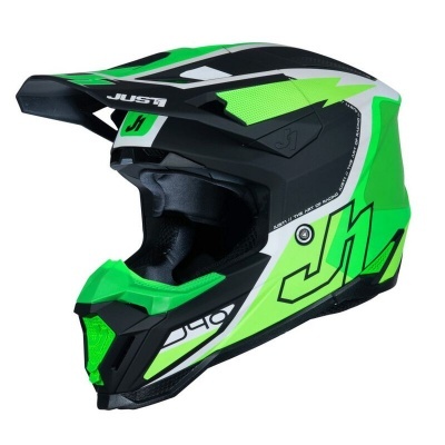 Capacete integral verde, preto e branco com texto JUST1 e JH
