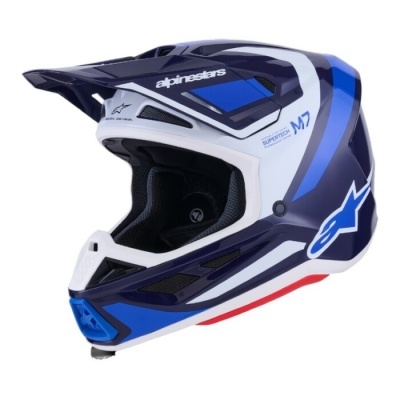 Capacete de motocross Alpinestars branco, azul, vermelho e preto com textos e símbolo da marca