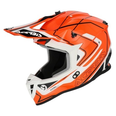 Capacete off-road Acerbis laranja, branco e preto com texto e design geométrico