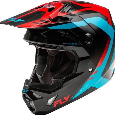 Capacete motocross integral preto, vermelho e azul com texto FLY e RHEON