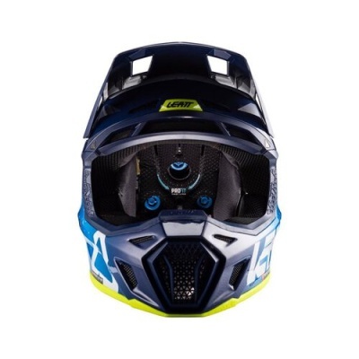 Capacete integral motocross azul, preto e amarelo com texto LEATT e PRO TECT