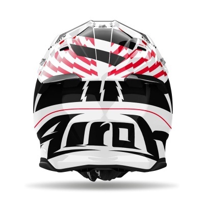Capacete de motociclismo branco, preto e vermelho com o texto Airoh na parte de trás