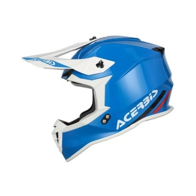 capacete motocross azul e branco com texto ACEBIS