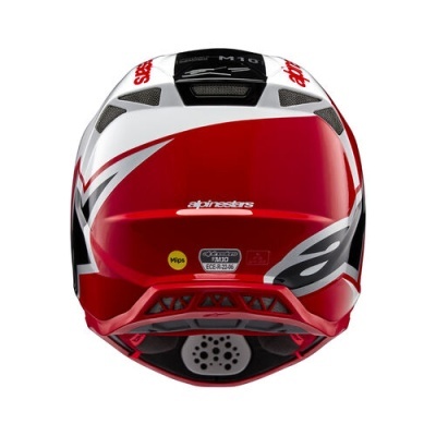 Capacete de motociclismo vermelho, branco e preto vista traseira