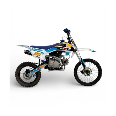 Moto de motocross azul, branca e amarela com pneus para terreno off-road