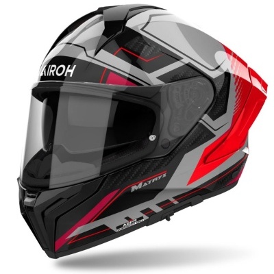 Capacete integral preto, cinza, vermelho e branco com viseira transparente e texto Airoh Matrix