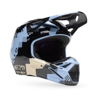 Capacete integral Fox para motocross azul, preto e bege com design pixelado