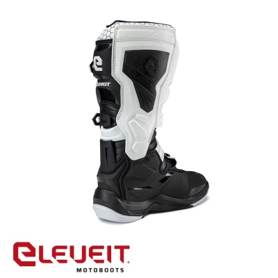 Bota de motocross preta e branca ELEVEIT com proteção robusta e logotipo