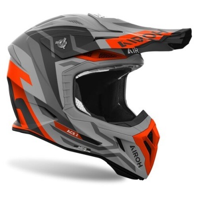 Capacete motocross cinza, preto e laranja com visor e abertura frontal