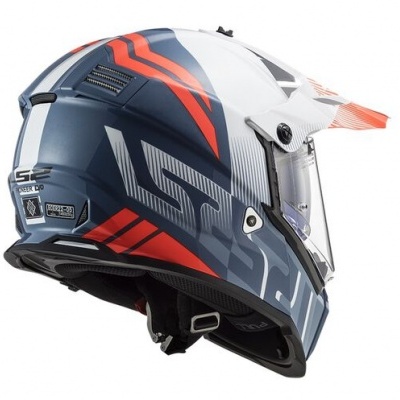 Capacete integral azul escuro, branco e laranja com viseira transparente