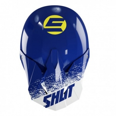 Capacete de proteção azul com padrão branco e logotipo amarelo