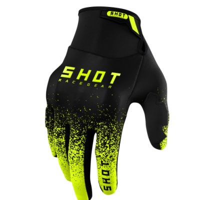 Luva de motocross preta com detalhes amarelos e texto SHOT RACEGEAR