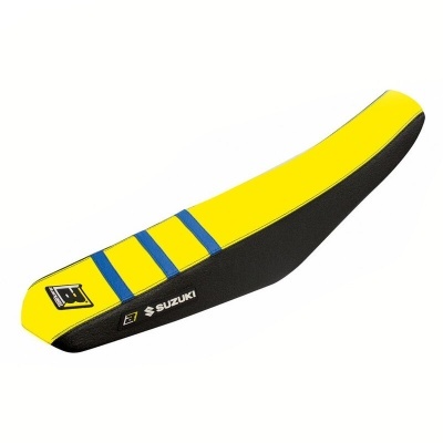 Assento para mota amarelo e preto com riscas azuis e logotipo Suzuki