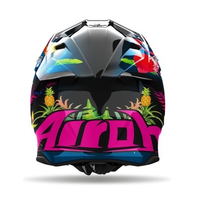 Capacete de motocicleta preto com design tropical colorido e texto Airoh em rosa
