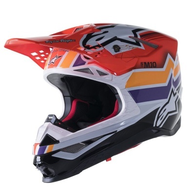 Capacete integral motocross vermelho, laranja, branco, roxo e preto com logótipo Alpinestars e texto M10
