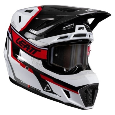 Capacete motocross branco, preto e vermelho com faixa vermelha LEATT
