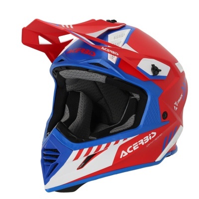 capacete motocross ACEBIS vermelho, azul e branco com interior almofadado cinza e preto