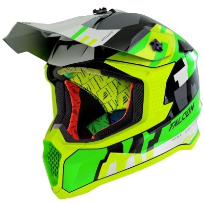 Capacete integral de motocross verde, amarelo e preto com interior almofadado.