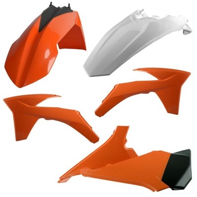 Peças plásticas para moto em laranja, branco e preto