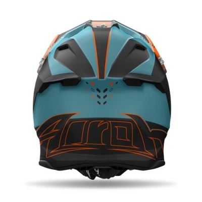 Capacete de motocross azul, preto e laranja com logo Airoh