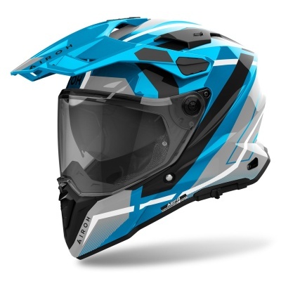 Capacete integral azul, preto e branco com viseira transparente e texto AIROH