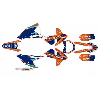 Autocolantes para mota de corrida com cores azul, laranja e branco e textos de marcas