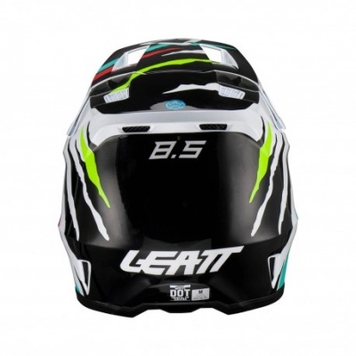 Capacete motocross preto com detalhes verdes e brancos e texto LEATT