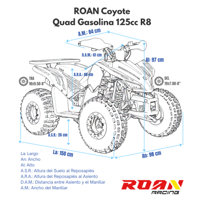 Desenho técnico a preto e branco de quad ROAN Coyote 125cc R8 com dimensões e especificações, logótipo ROAN RACING