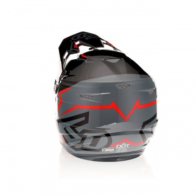 Capacete integral motociclismo preto, cinza e vermelho visto de trás
