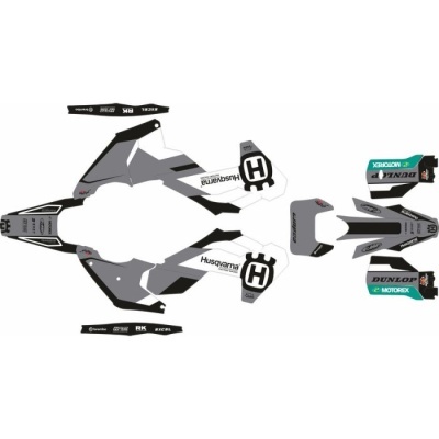 Conjunto de adesivos para mota Husqvarna, cinza, preto, branco, com logótipos e várias formas para aplicação.