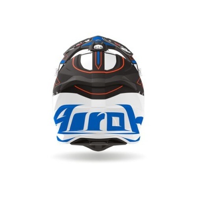 Capacete de motocross preto branco e azul com texto Airoh