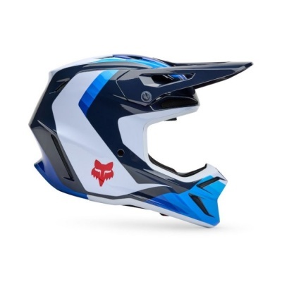 Capacete integral motocross azul branco preto com logótipo de raposa vermelha