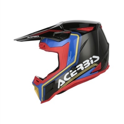 Capacete para motocross com cores preto, vermelho, azul e amarelo e marca ACERBIS