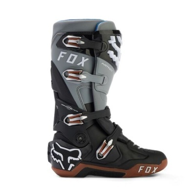Botas motocross FOX pretas, cinza e castanhas com fechos metálicos e logótipos