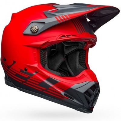 Capacete vermelho integral com detalhes pretos e cinzentos e interior acolchoado