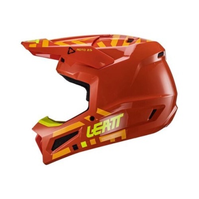 Capacete integral motocross laranja com detalhes amarelos e vermelhos e texto LEATT na lateral