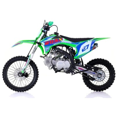 Moto de cross verde e azul com número 27 na lateral