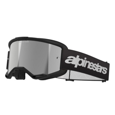 Óculos de proteção com lente espelhada e faixa elástica preta com escrita branca alpinestars