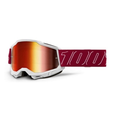 Óculos de proteção desporto branco com lente laranja espelhada e fita bordô com texto branco