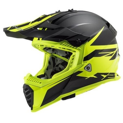 Capacete de motocross preto e amarelo fluorescente com viseira