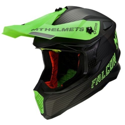 Capacete integral de motocross verde néon e preto com texto 'MT HELMETS' e 'FALCON'
