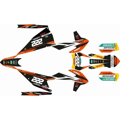 Conjunto de autocolantes para moto em preto, laranja e branco com texto e logos